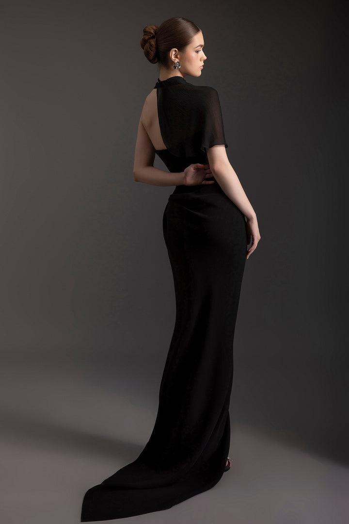 Plunging Dress with Draped Chiffon Scarf