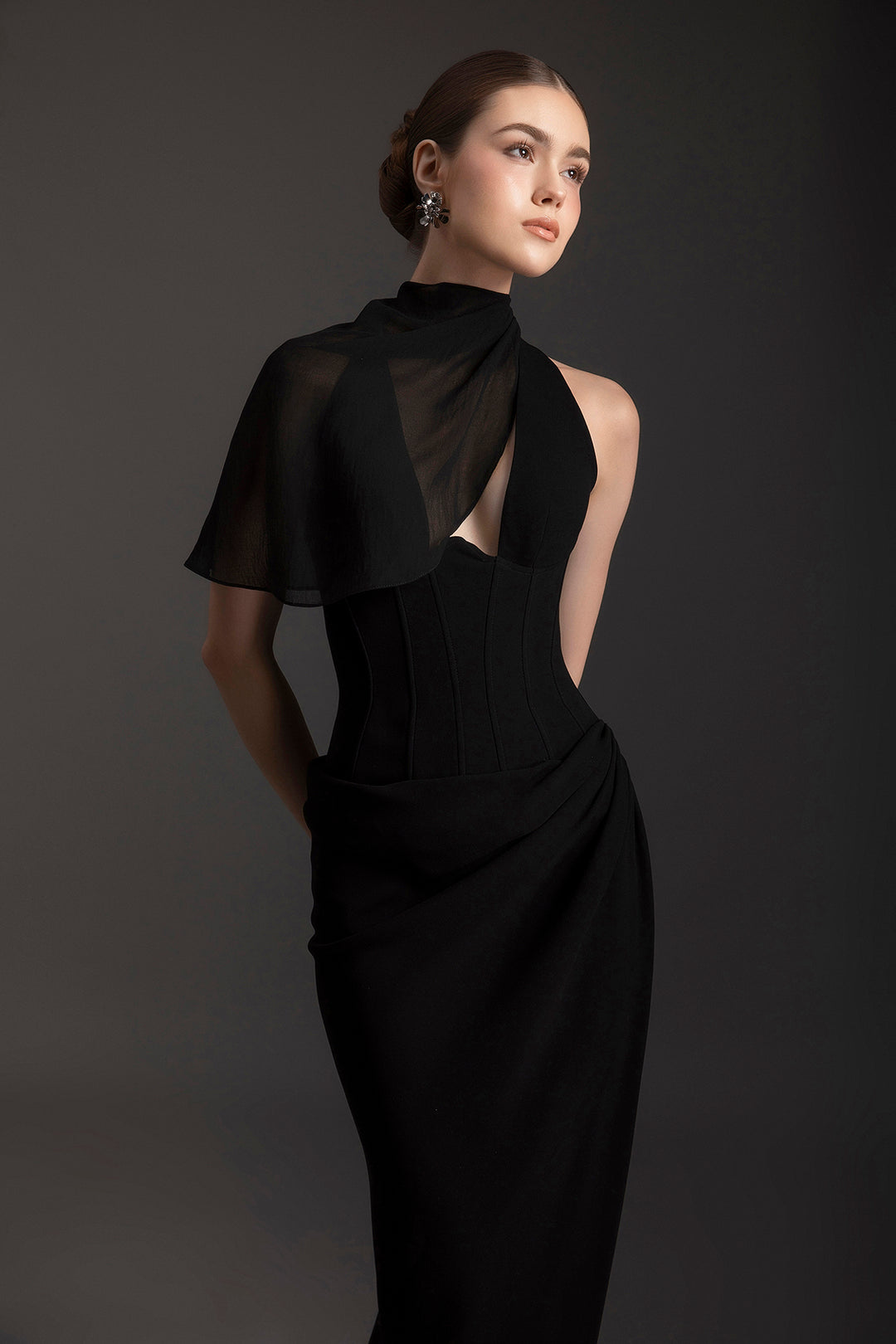 Plunging Dress with Draped Chiffon Scarf