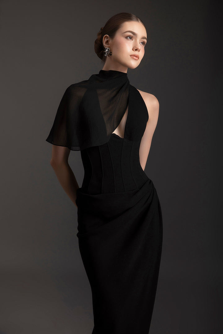 Plunging Dress with Draped Chiffon Scarf