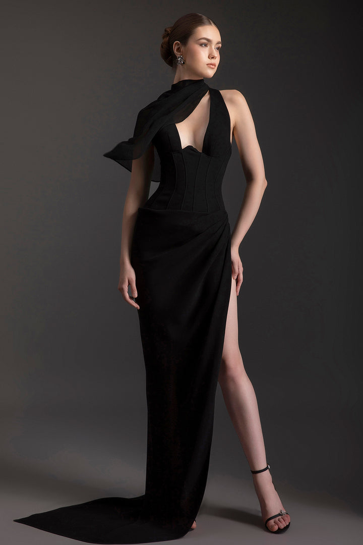 Plunging Dress with Draped Chiffon Scarf