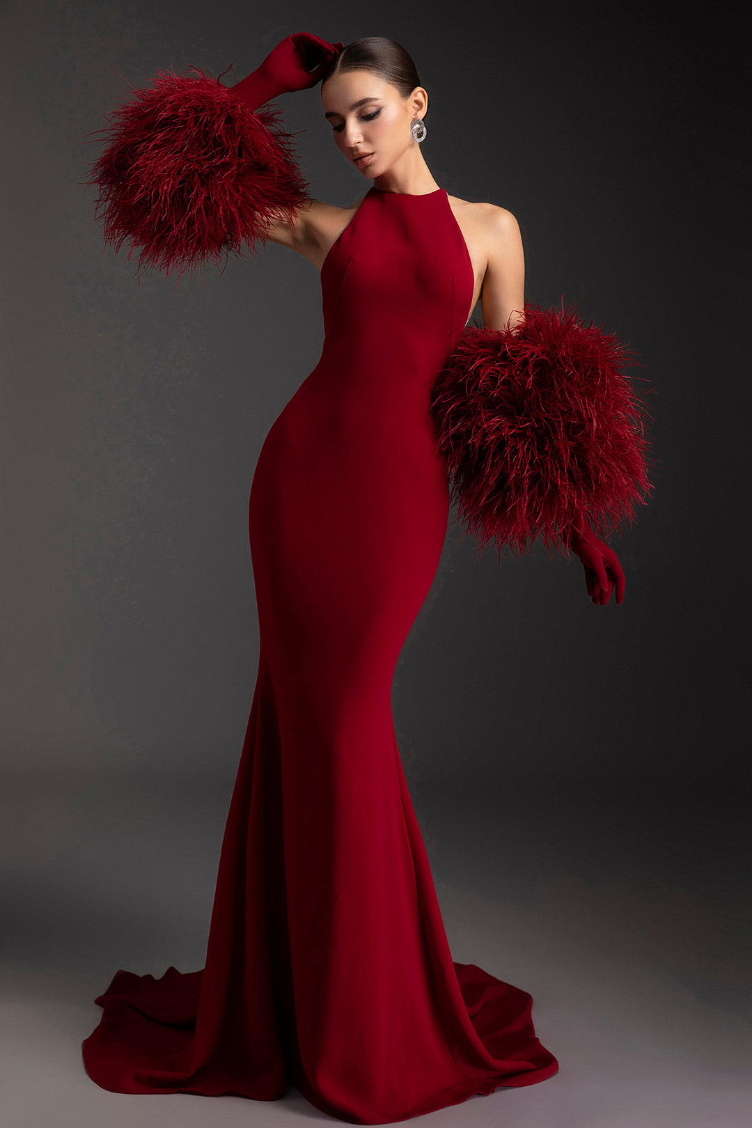 red halter neck mermaid dress Red Halter Deep V-Neck Mermaid Sequins Evening Dress Featuring Rhinestone Slit