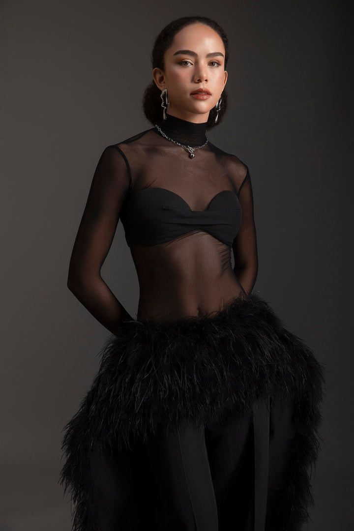 Sheer High-Neck Feather Ensemble