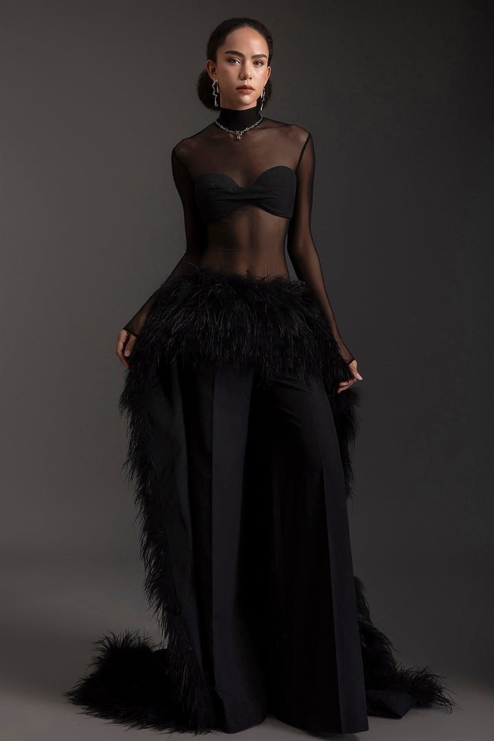 Sheer High-Neck Feather Ensemble