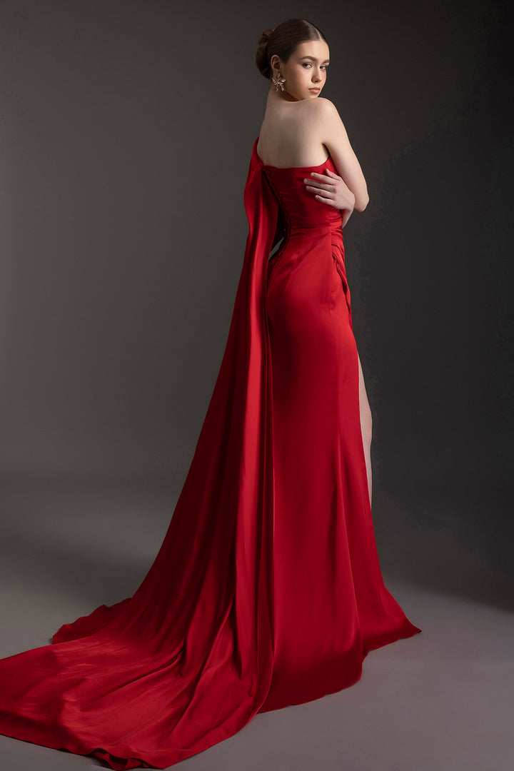 Satin One-Shoulder Slit Dress