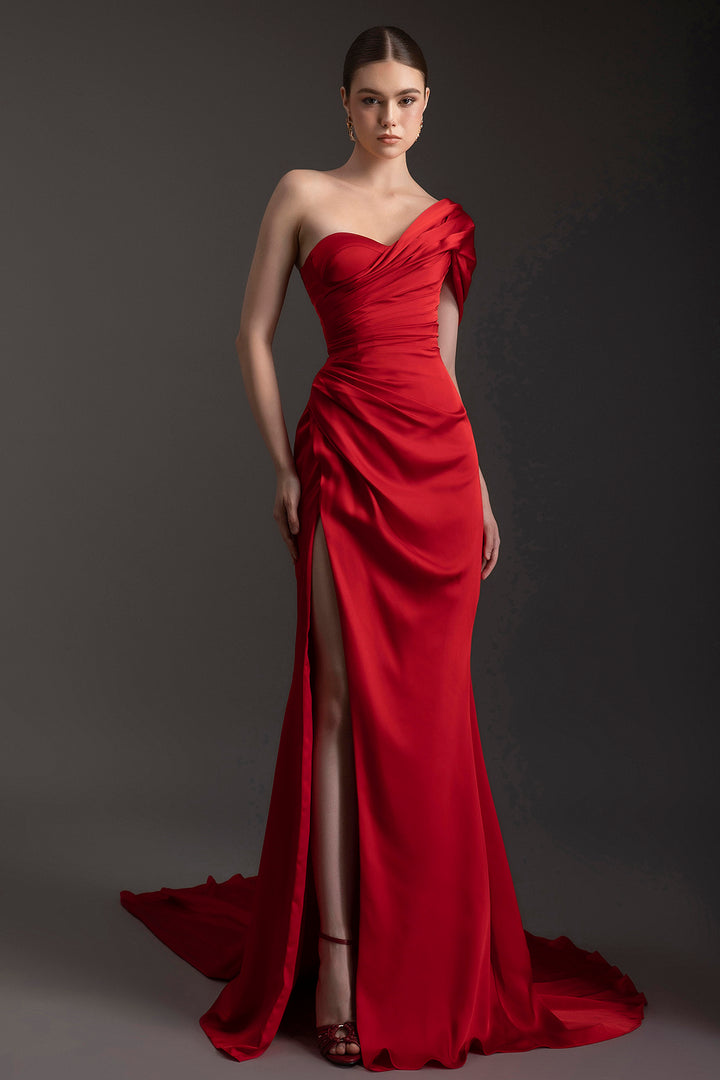 Satin One-Shoulder Slit Dress