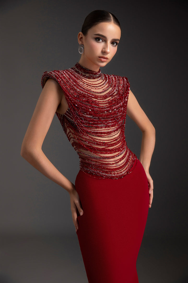 Crepe Long Mermaid Rhinestone Dress