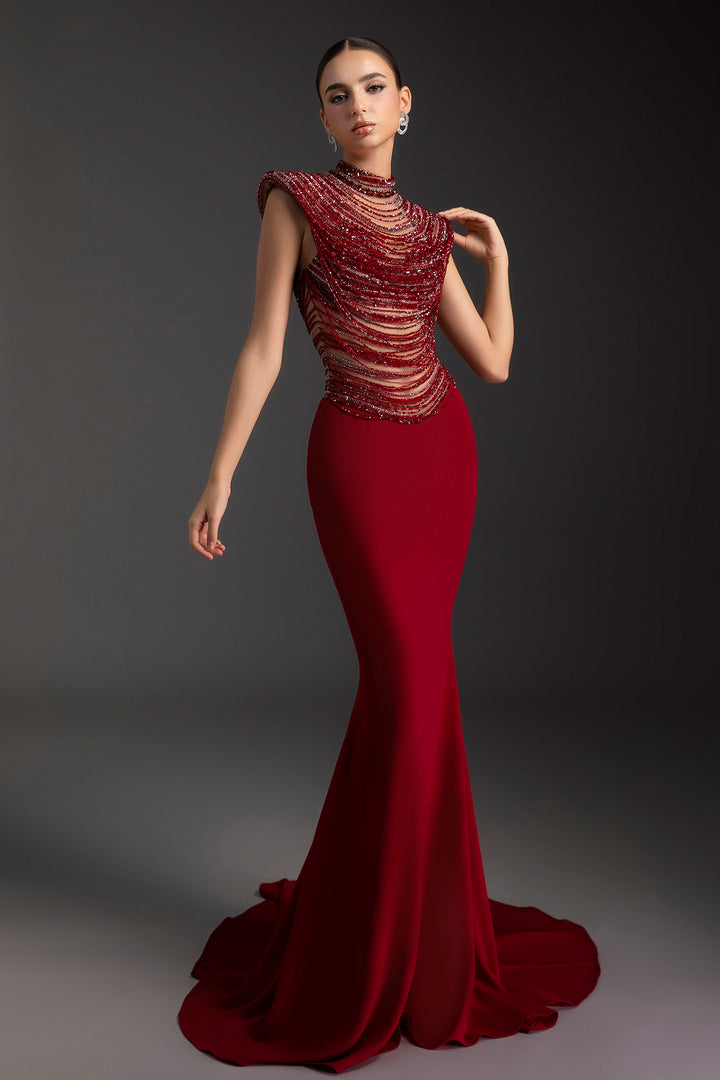 Crepe Long Mermaid Rhinestone Dress