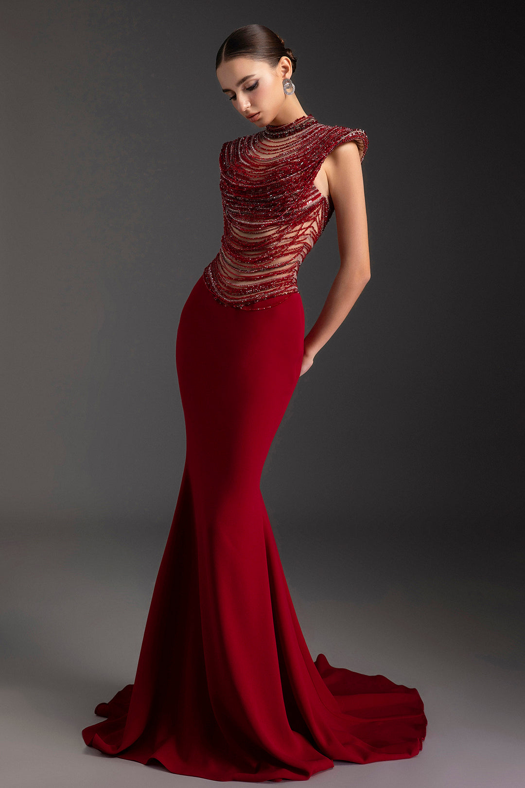 Crepe Long Mermaid Rhinestone Dress