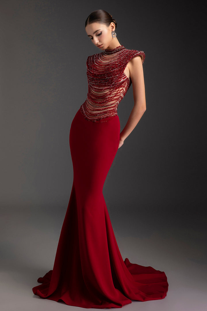 Crepe Long Mermaid Rhinestone Dress