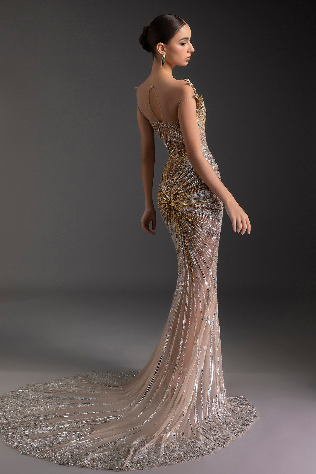 Embellished Plunging V-Neck Mermaid Slit Dress