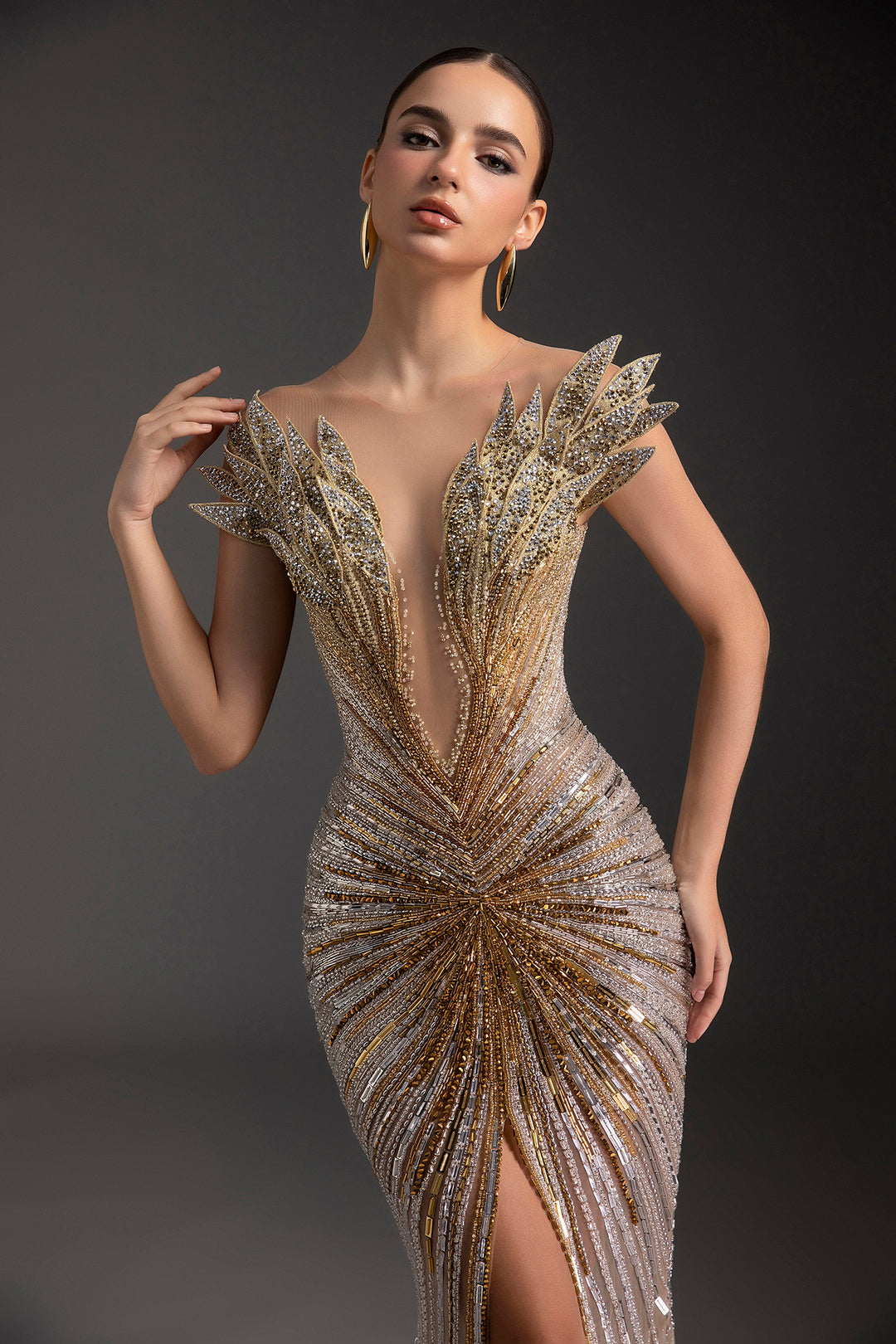 Embellished Plunging V-Neck Mermaid Slit Dress