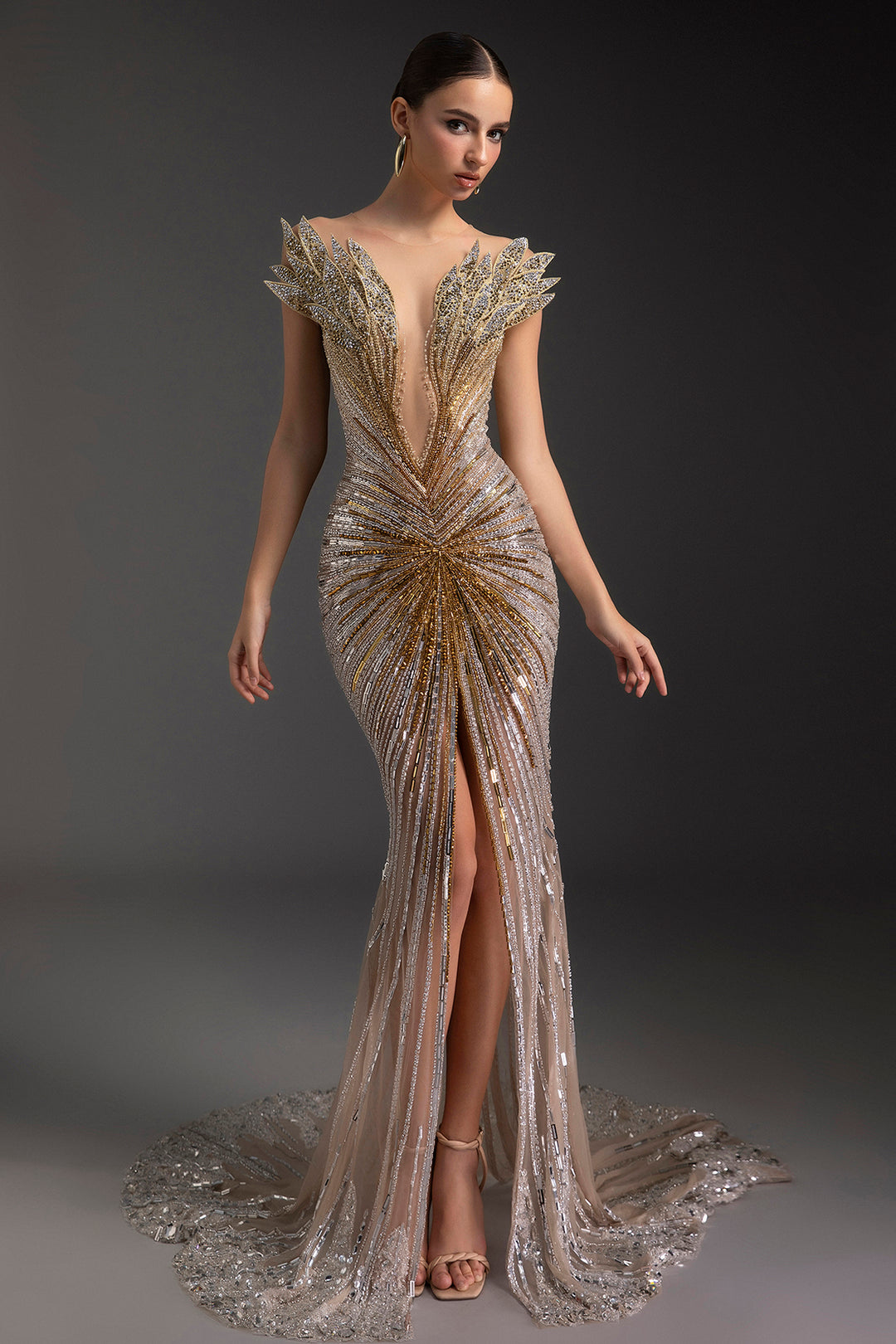 Embellished Plunging V-Neck Mermaid Slit Dress