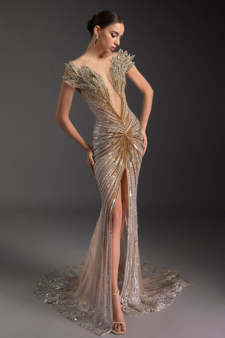 Embellished Plunging V-Neck Mermaid Slit Dress
