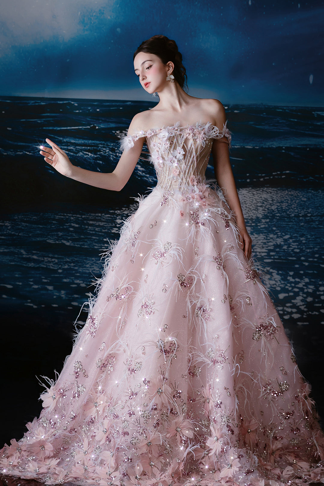 A-Line Dress with Off-The-Shoulder Drapery Blush / FR 38 A-Line Dress with Off-The-Shoulder Drapery Blush / FR 38