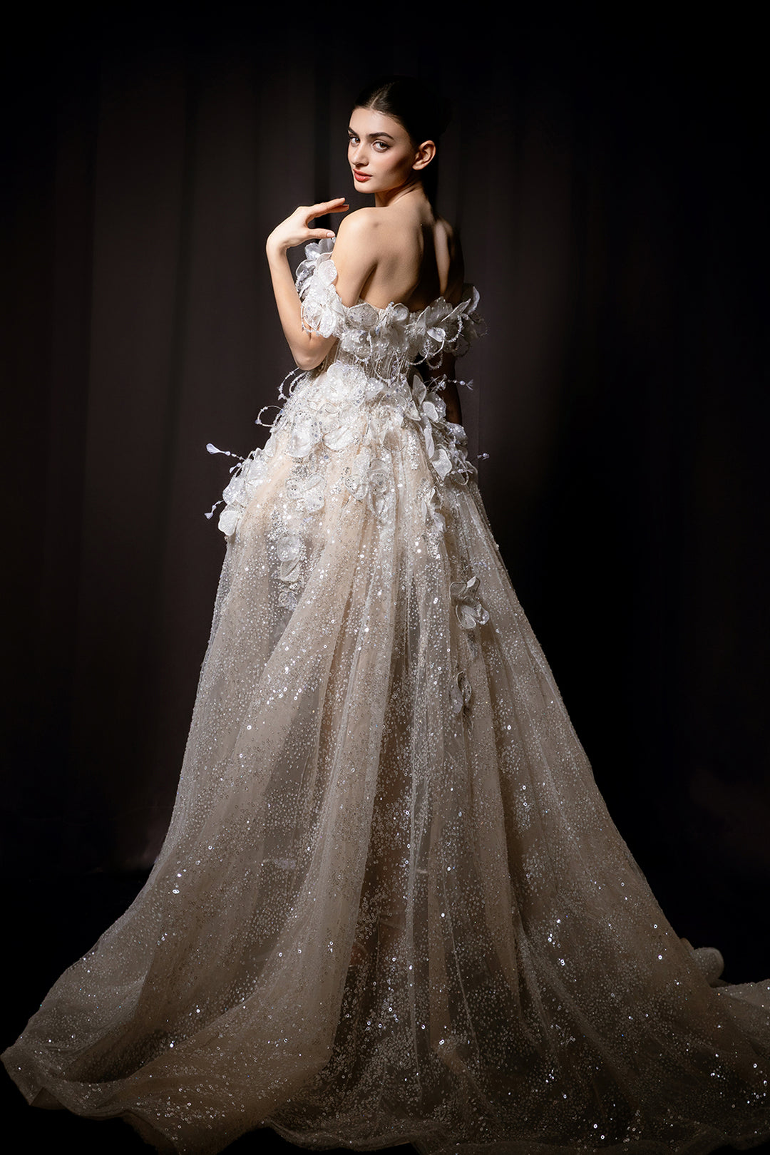 Off-The-Shoulder High-Low Dress with 3D Surface