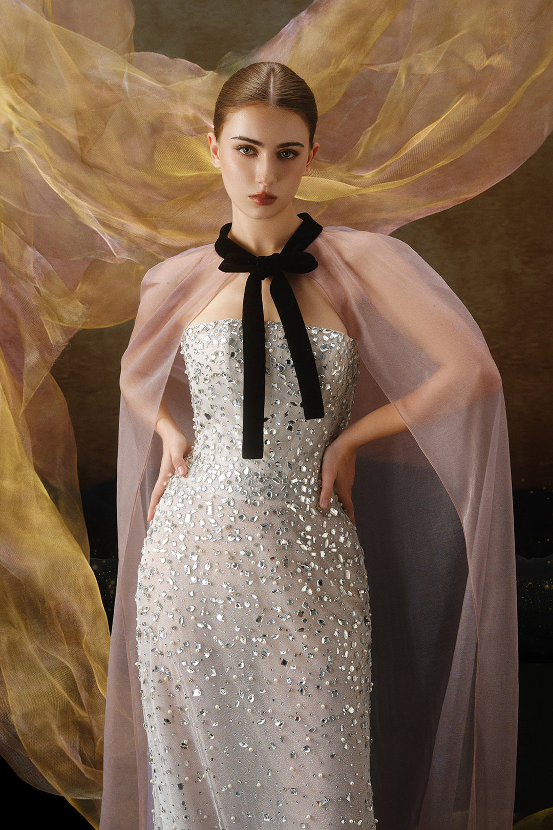 Strapless Beaded Cape Dress