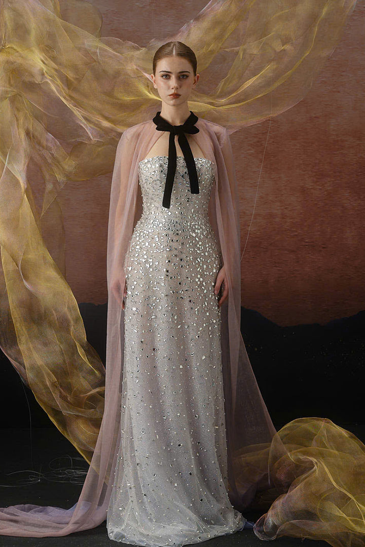 Strapless Beaded Cape Dress