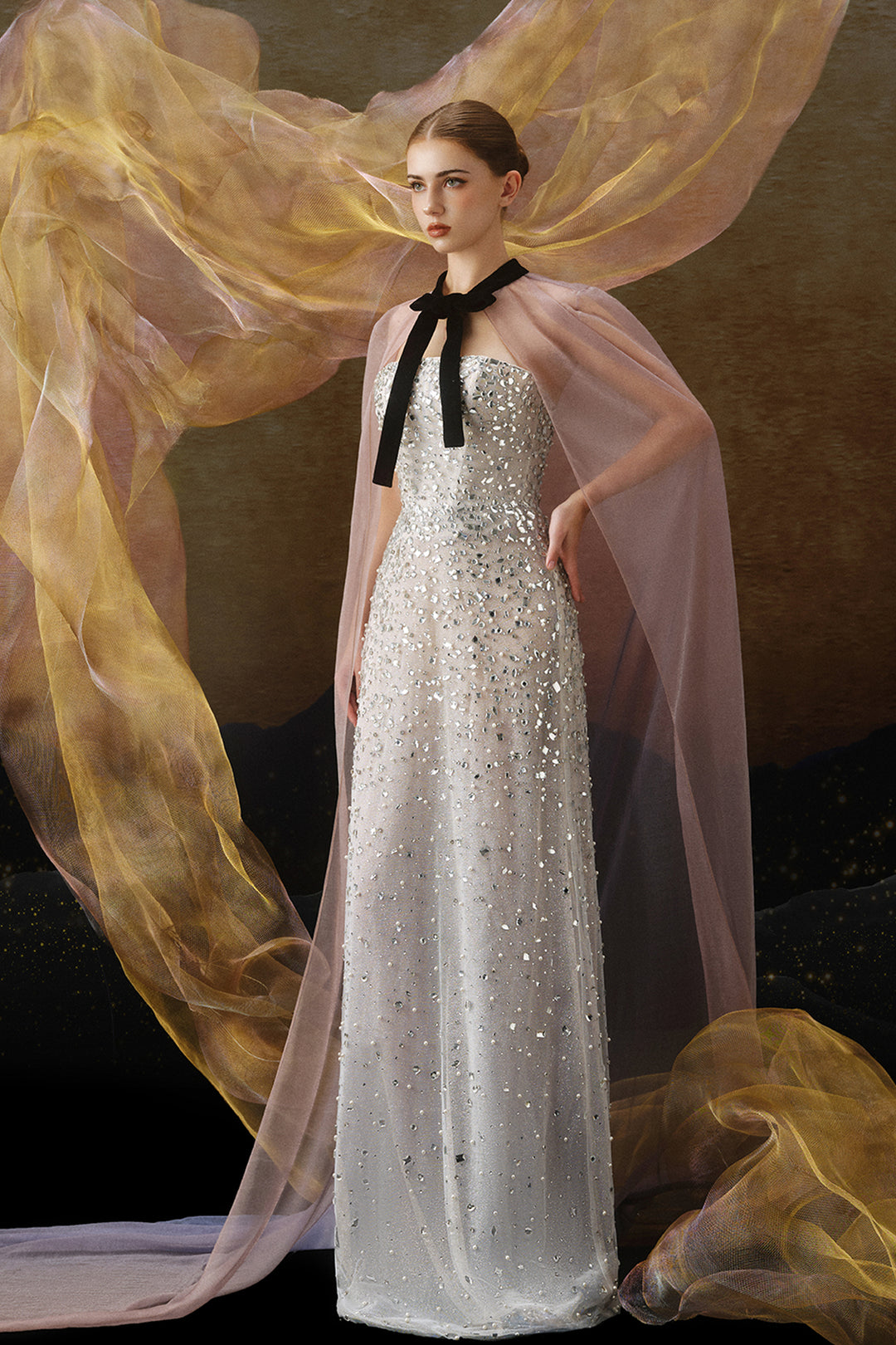 Strapless Beaded Cape Dress Multicolor / FR 46 Strapless Beaded Cape Dress Multicolor / FR 46