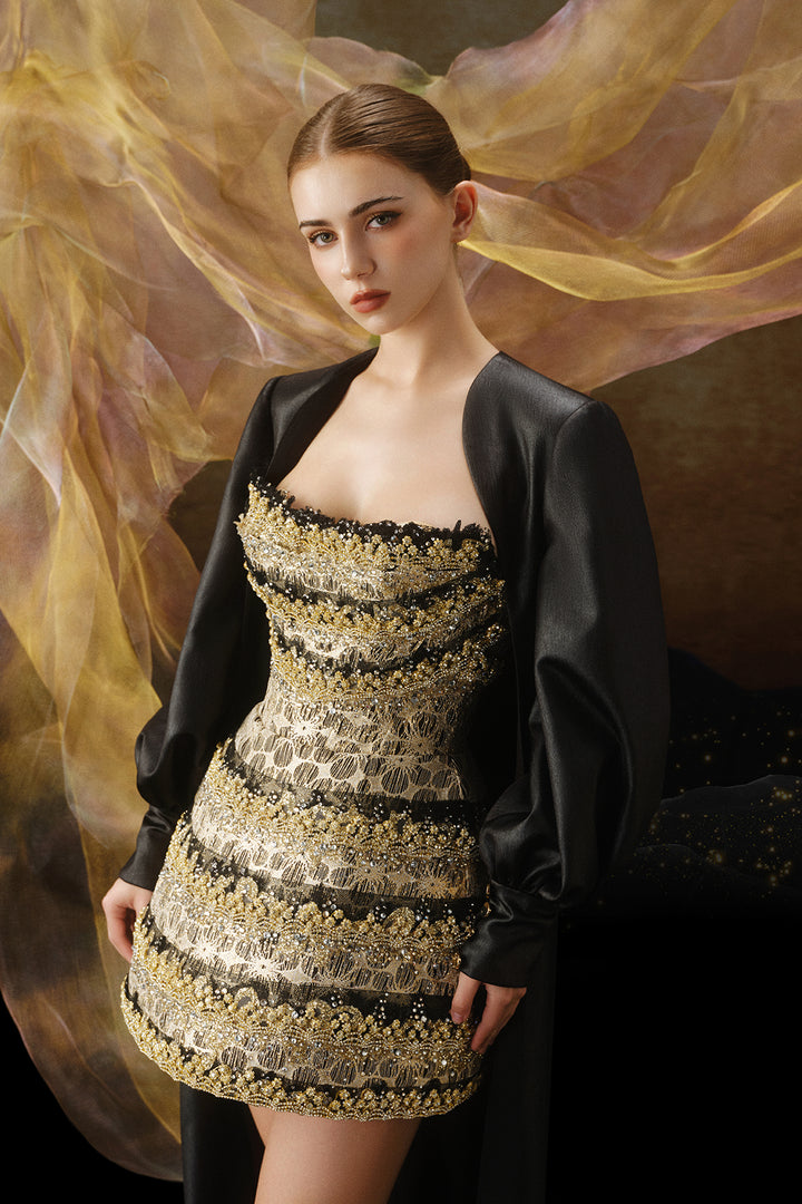 Embroidered Mini with Flowing Cape