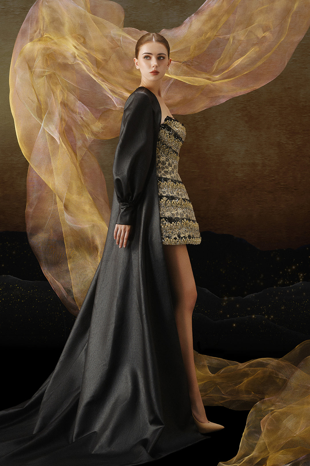 Embroidered Mini with Flowing Cape