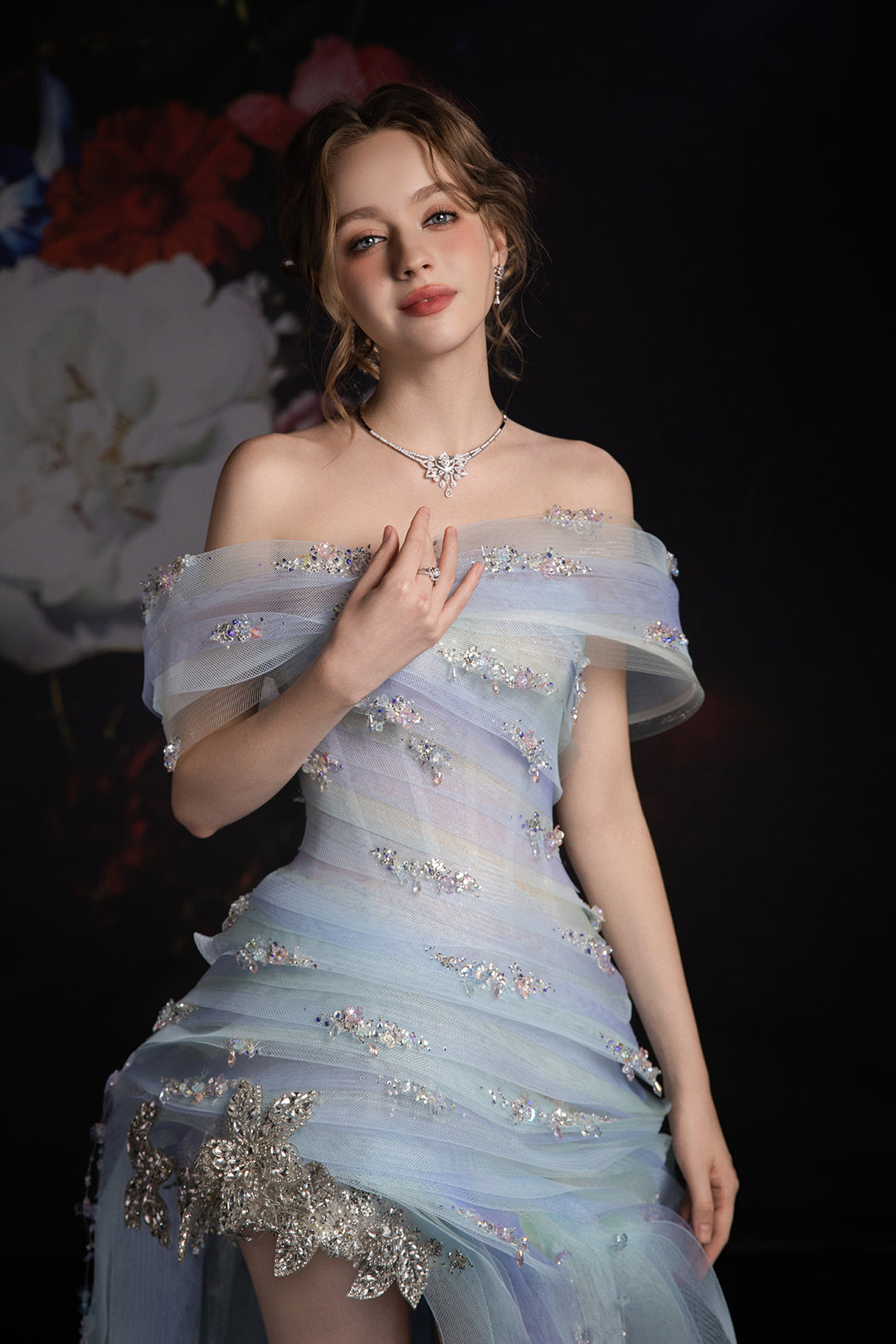 Off-The-Shoulder Neckline and Embroidered Florals