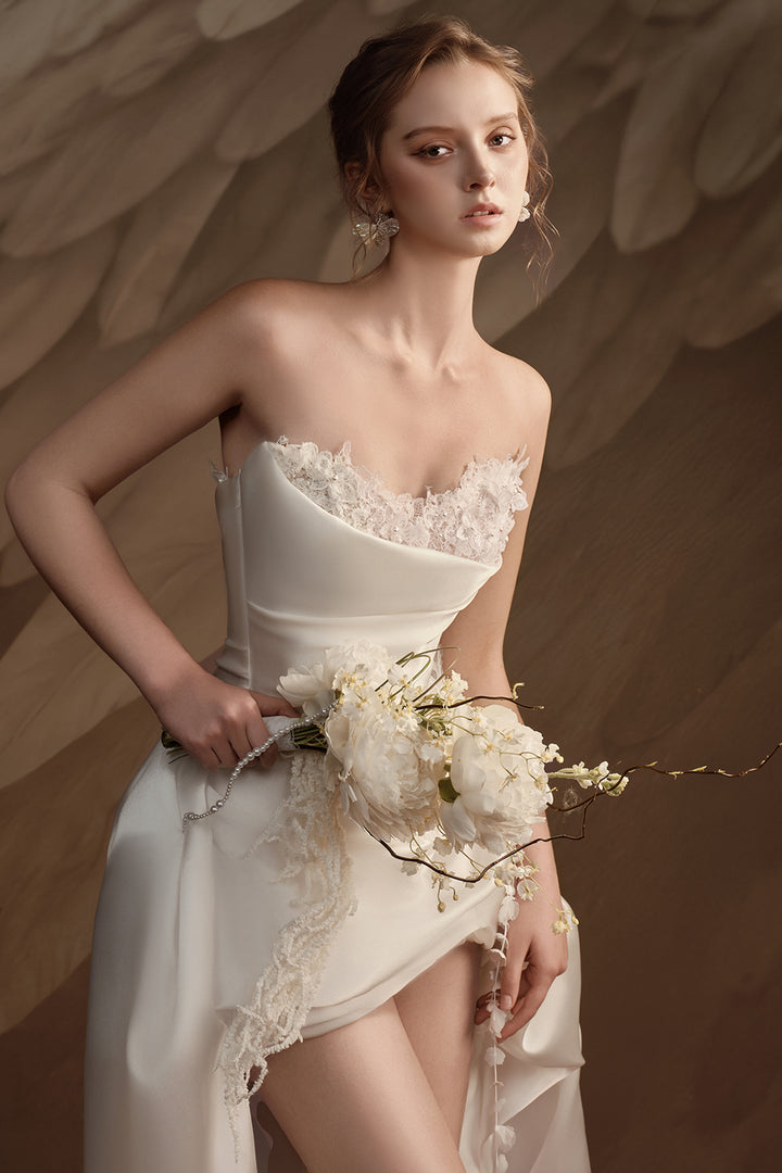 Strapless High-Low Satin A-Line Dress
