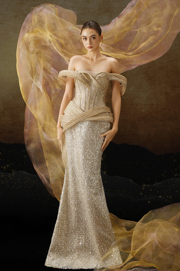 Off-The-Shoulder Beaded Mermaid Dress