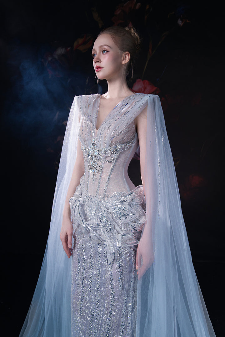 Column Dress with 3D Appliqués and Cape