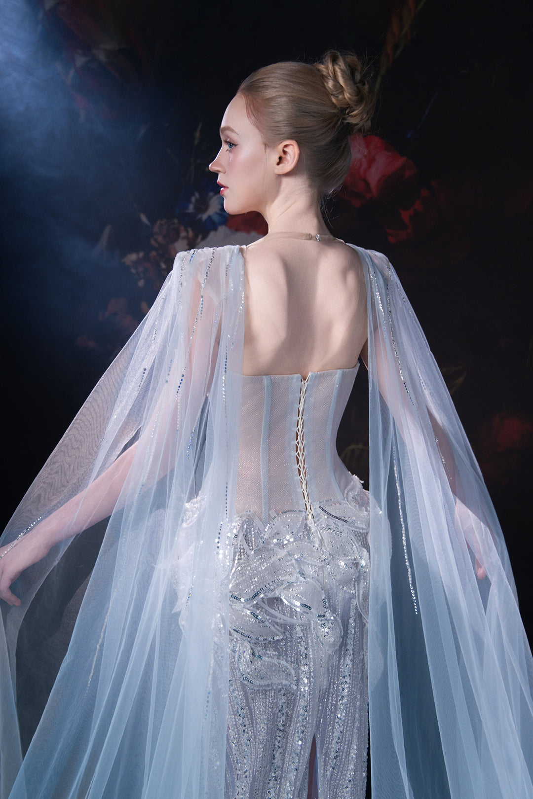 Column Dress with 3D Appliqués and Cape