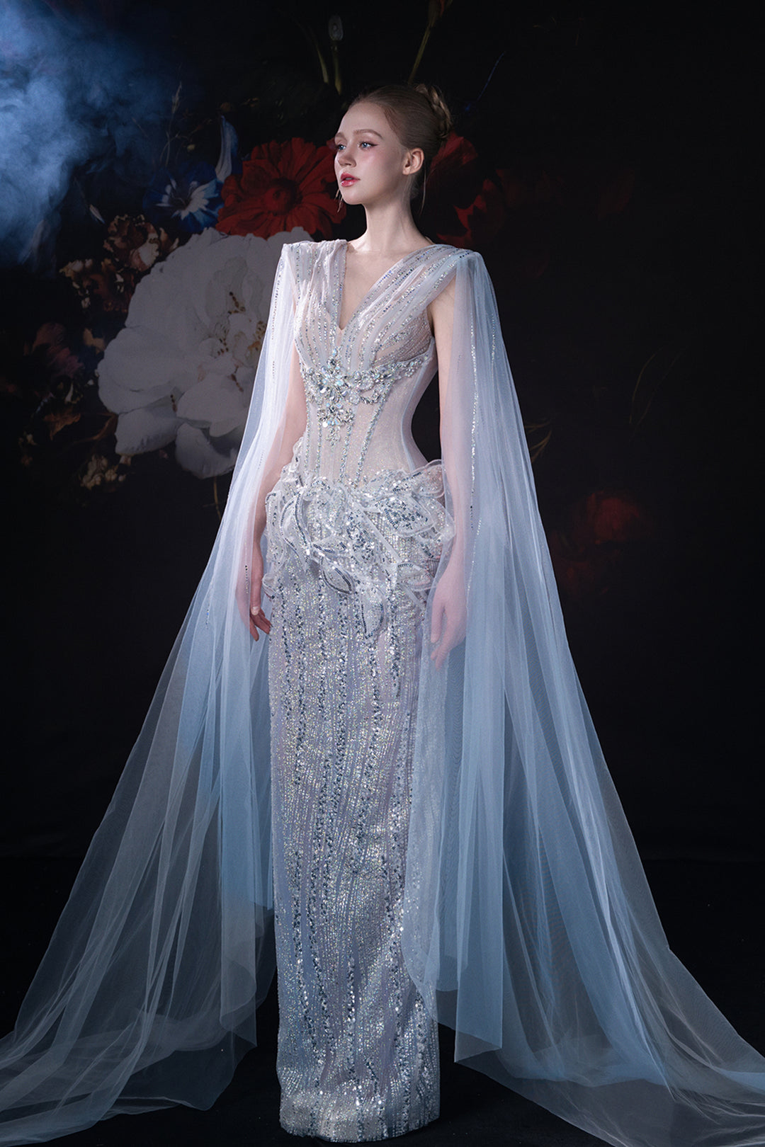 Column Dress with 3D Appliqués and Cape