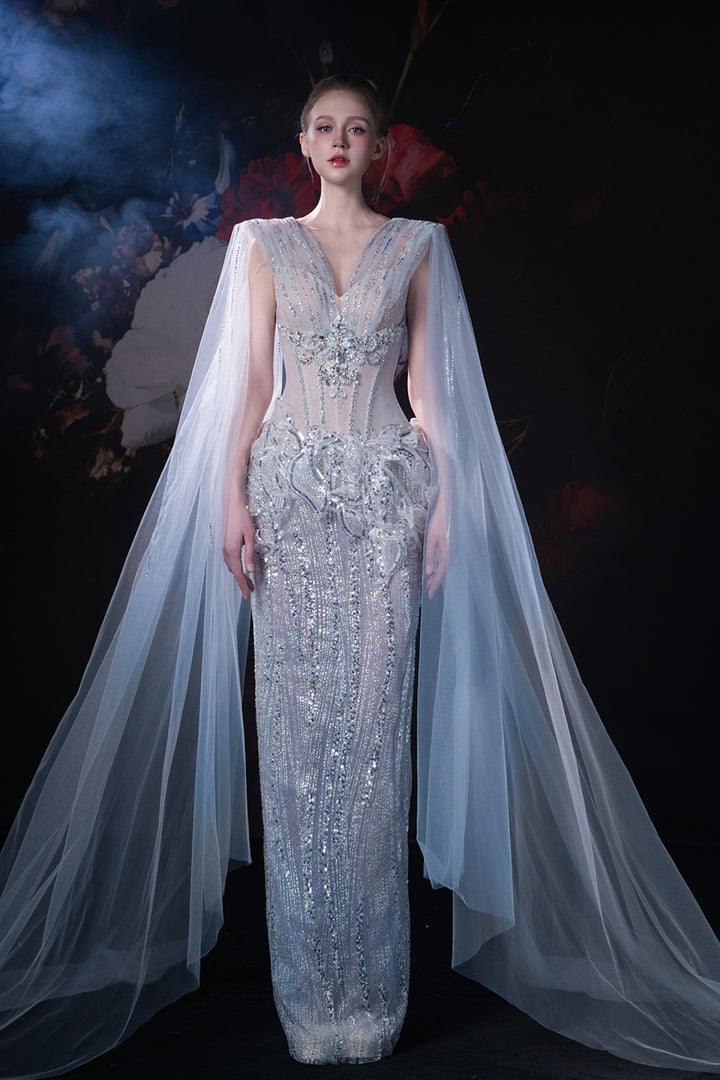 Column Dress with 3D Appliqués and Cape