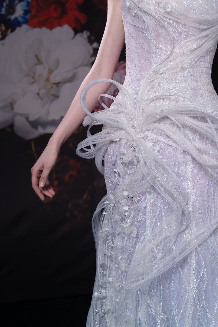 Strapless Neckline and Crystal Floral Embroidery Dress