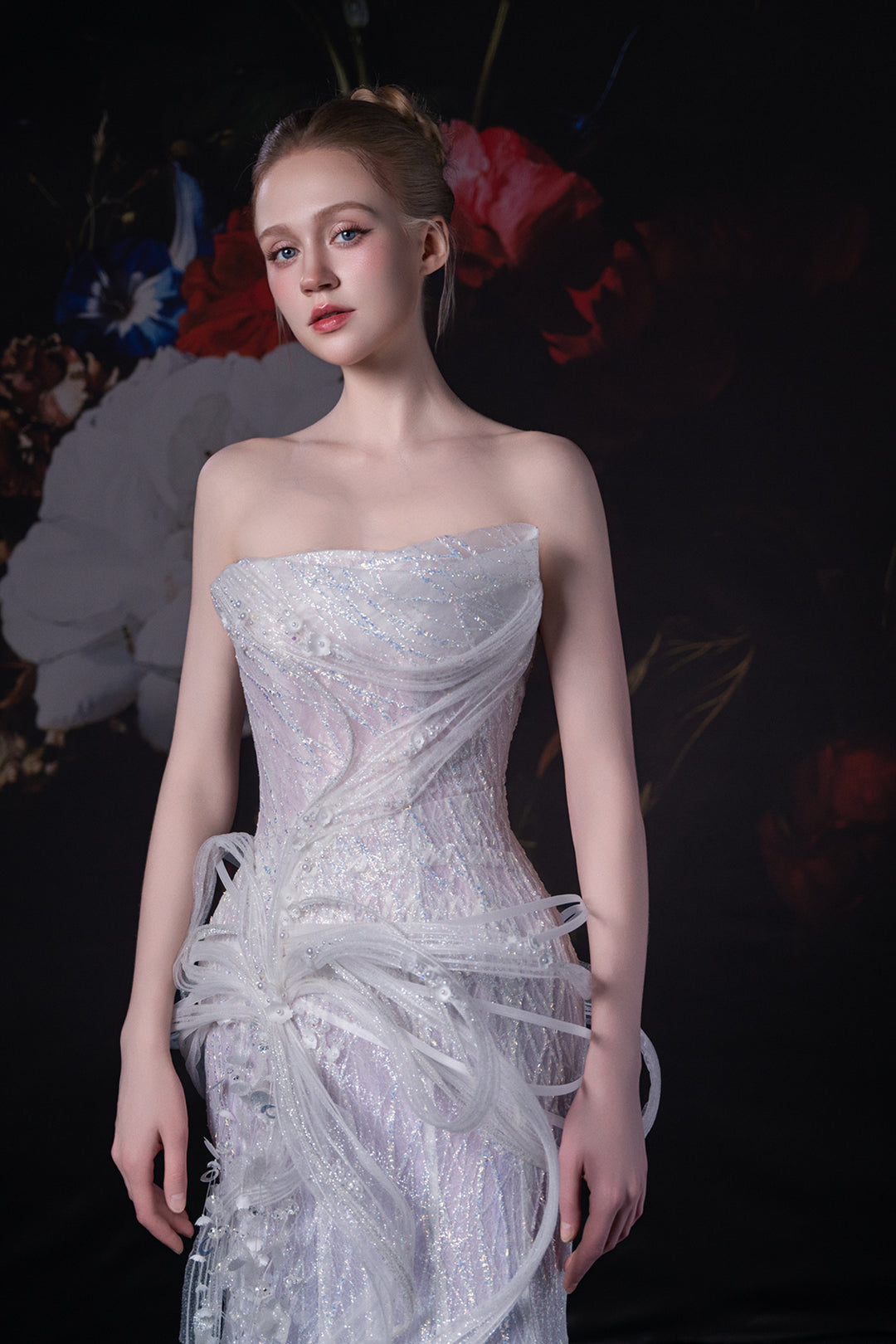 Strapless Neckline and Crystal Floral Embroidery Dress