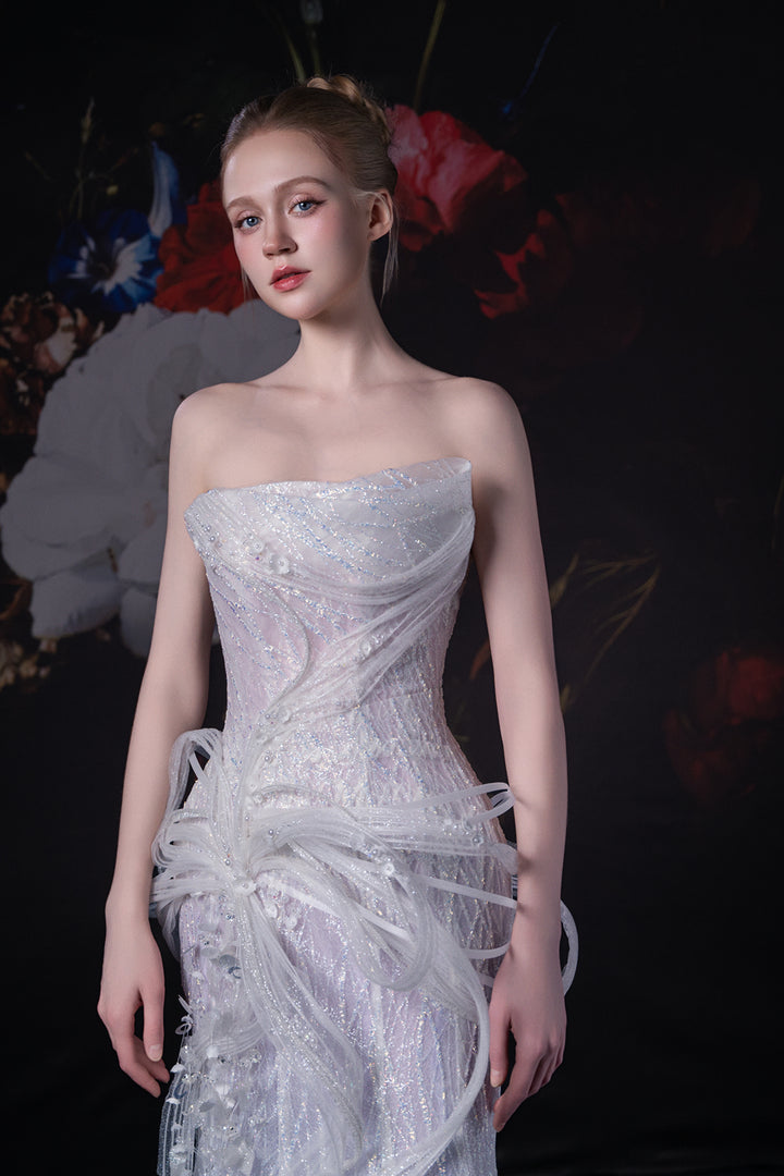 Strapless Neckline and Crystal Floral Embroidery Dress