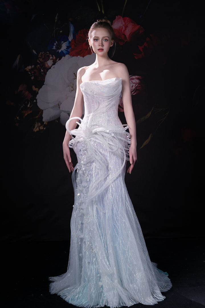 Strapless Neckline and Crystal Floral Embroidery Dress