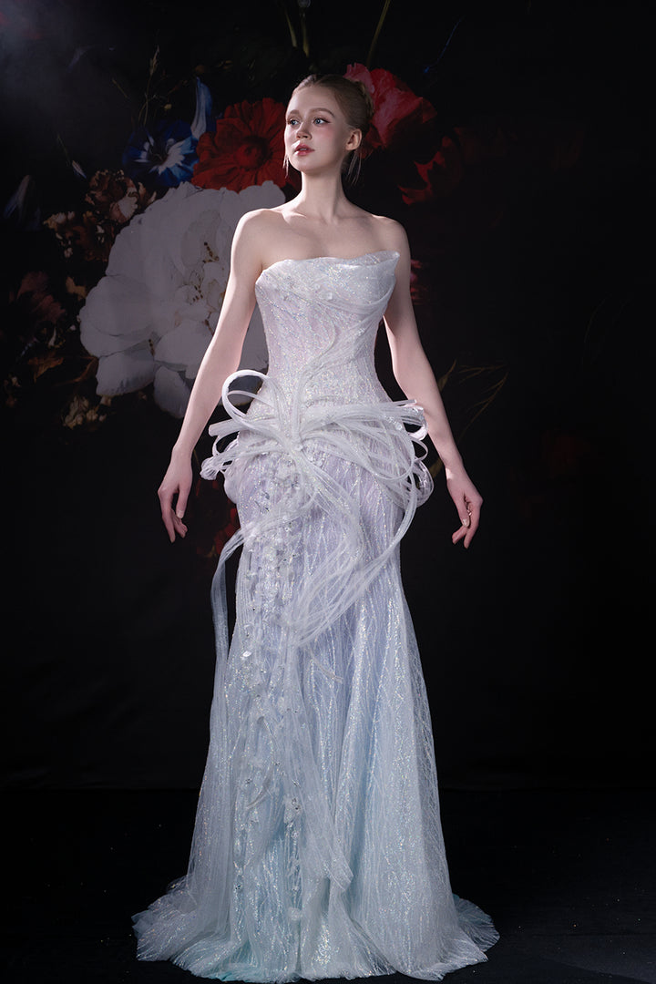 Strapless Neckline and Crystal Floral Embroidery Dress