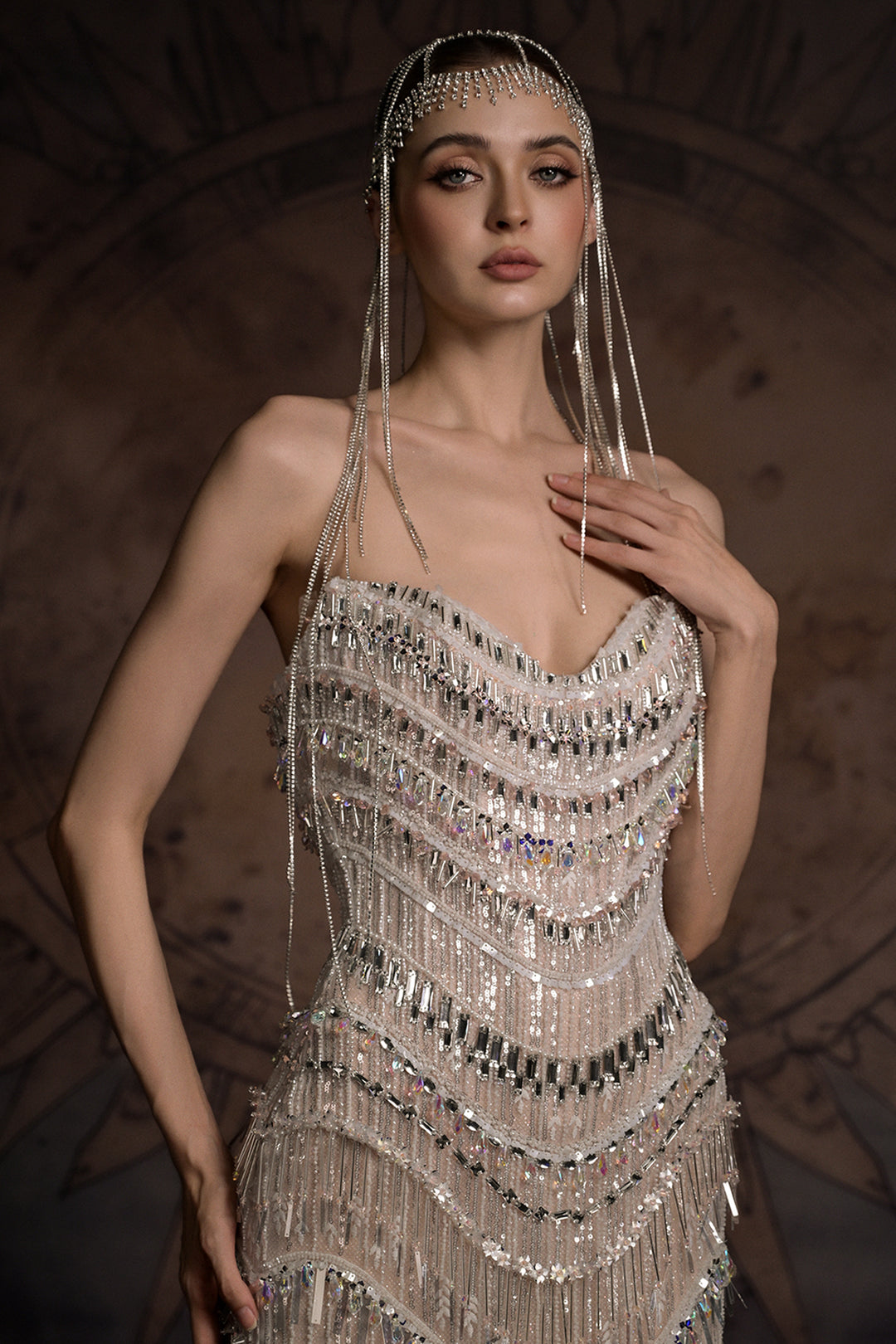 Strapless Scalloped Fringe Column Dress