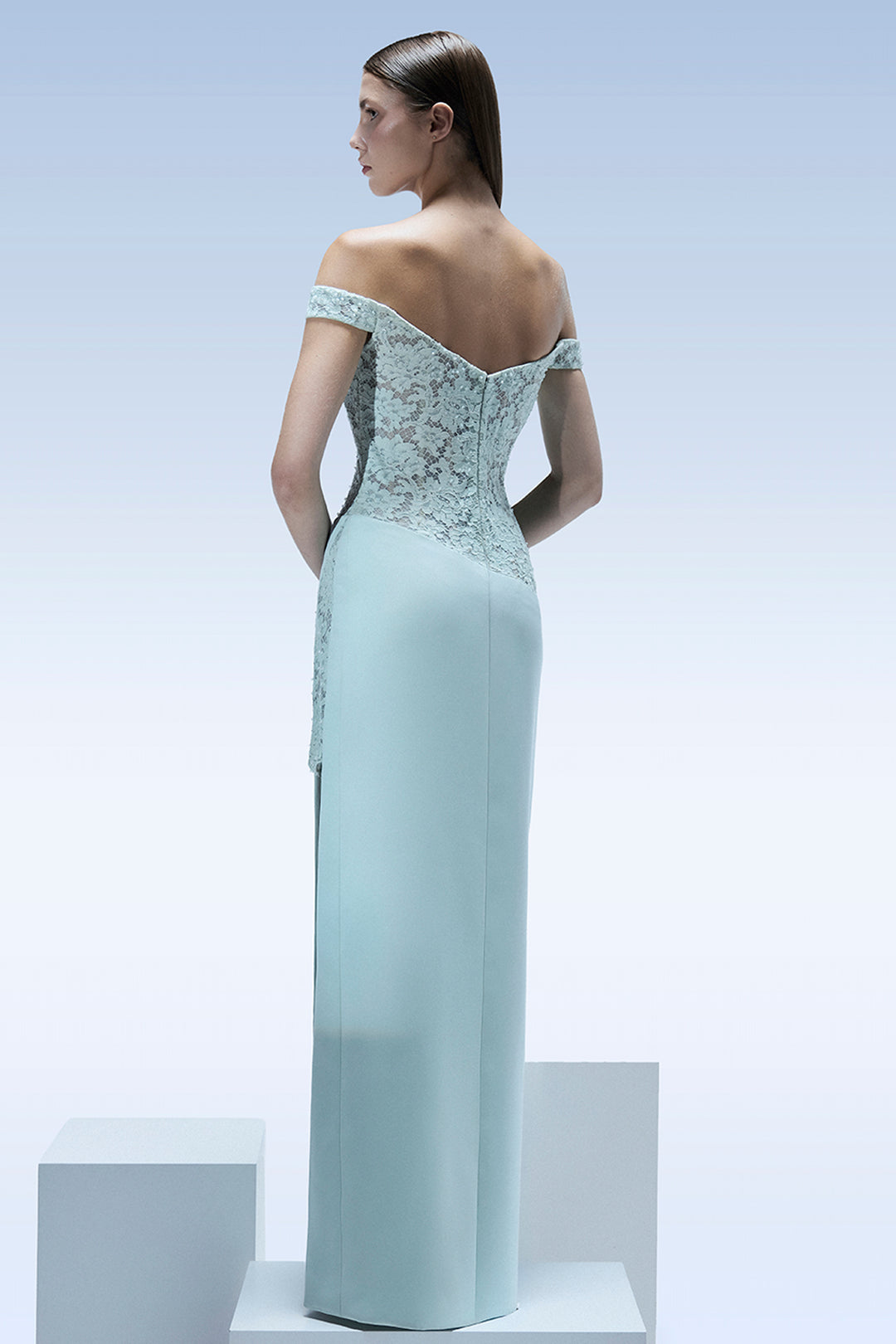 Off-the-Shoulder with Lace High-Slit Dress