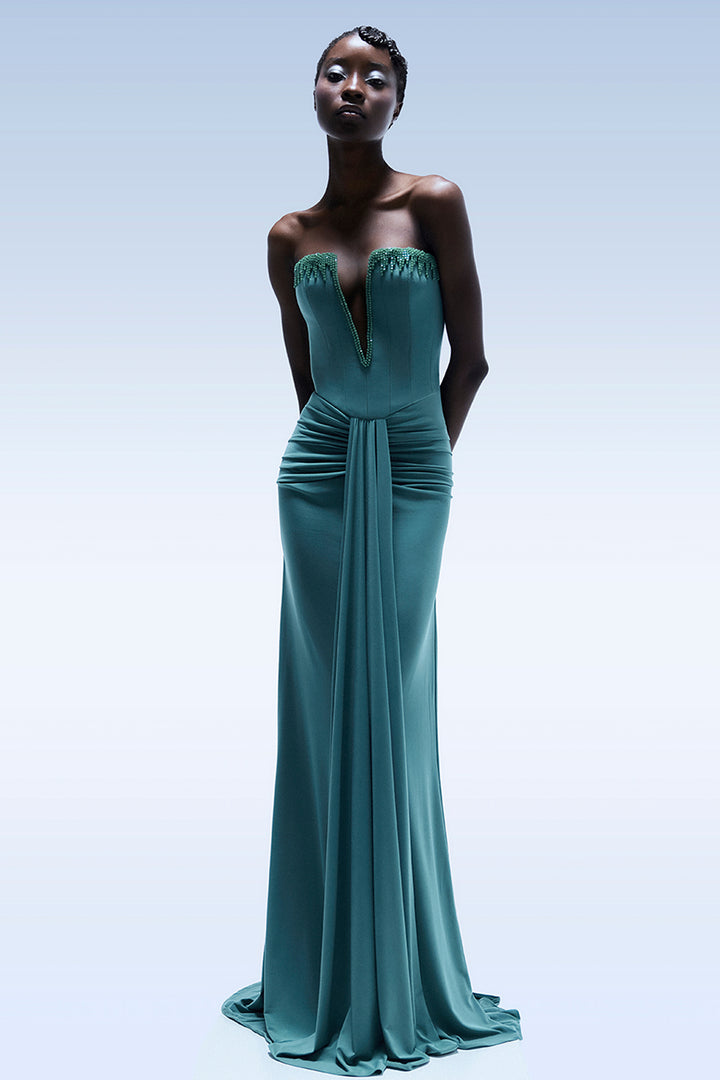Strapless with Beaded-Fringe and Draped Dress