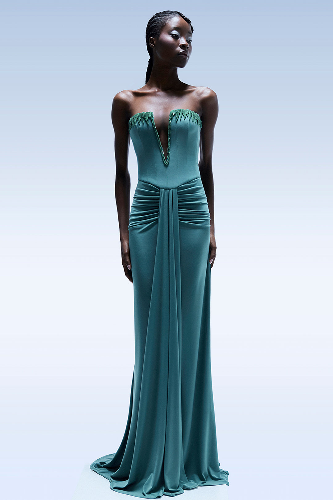 Strapless with Beaded-Fringe and Draped Dress