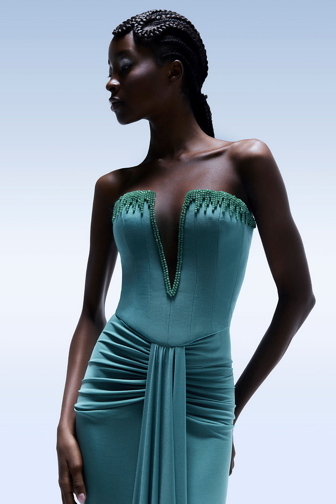 Strapless with Beaded-Fringe and Draped Dress