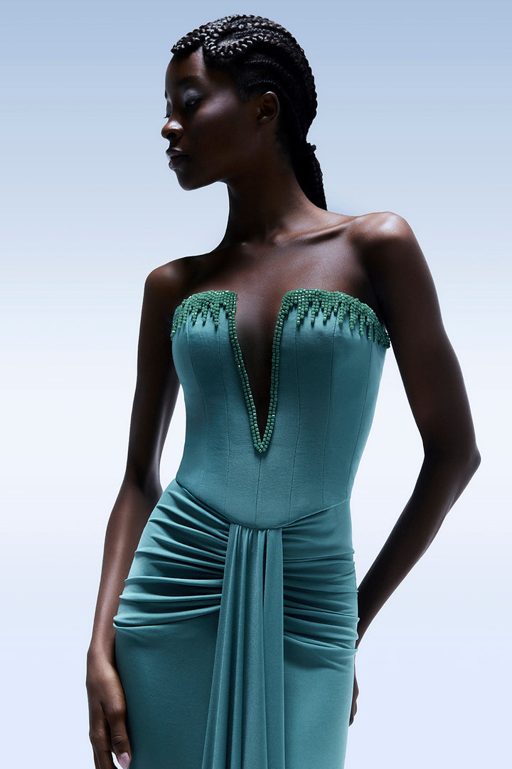 Strapless with Beaded-Fringe and Draped Dress