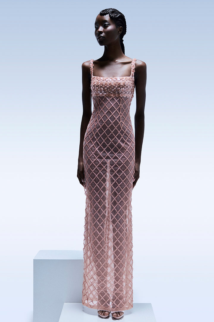 Floral Appliqué Lattice with Column Dress