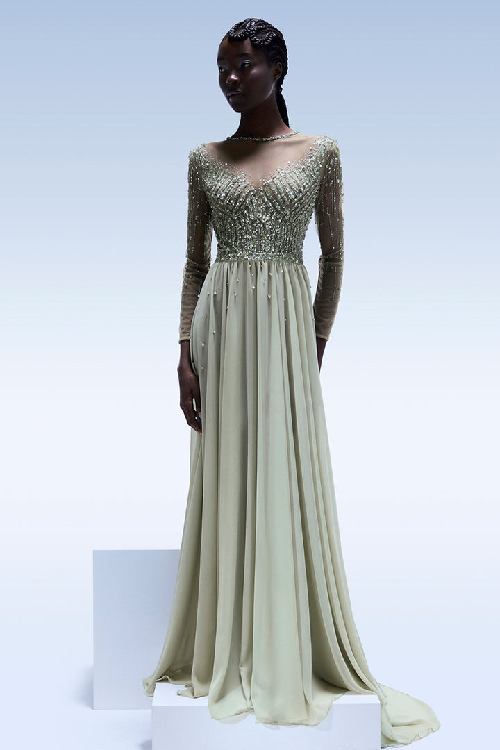 Long-Sleeved with Embellished Chiffon Dress