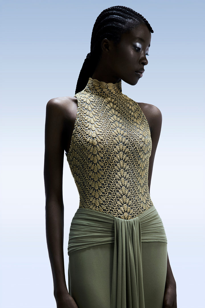 Embellished with Mock-Neck Draped Dress