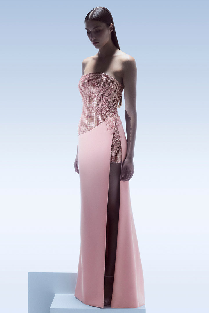 Strapless Embellished with High-Slit Dress