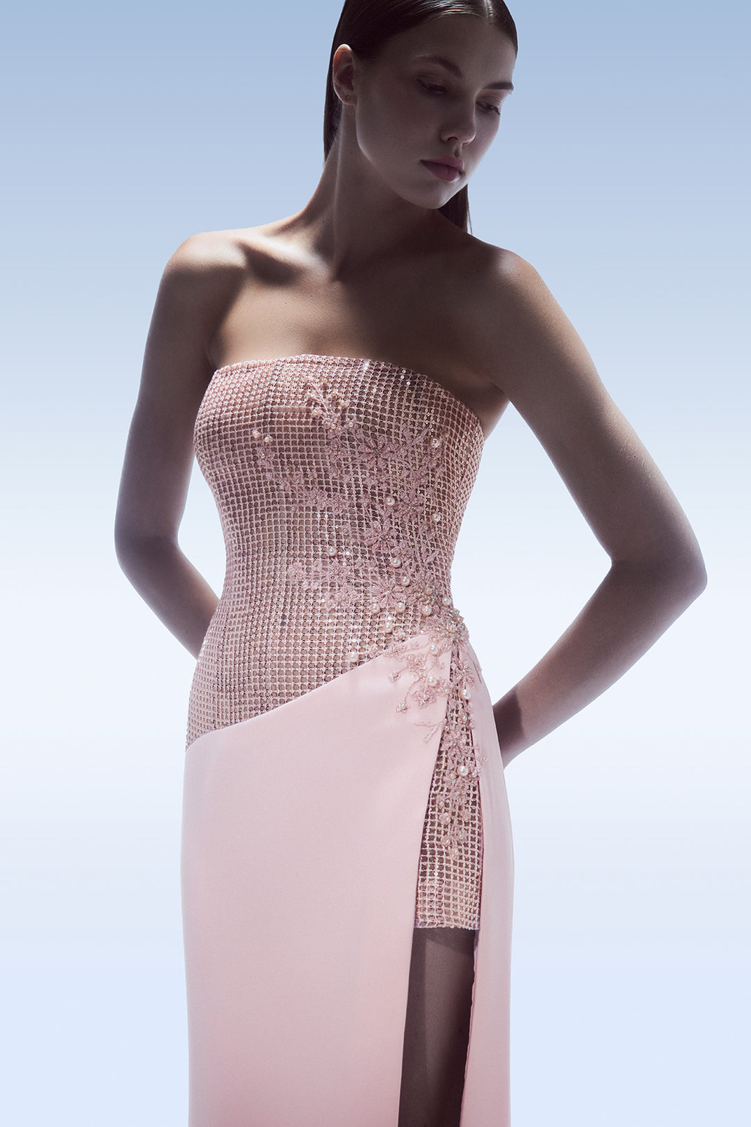 Strapless Embellished with High-Slit Dress