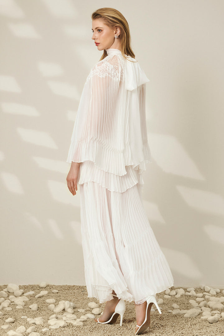 High-Neck with Lace-Panel Pleated Chiffon and Scarf Dress