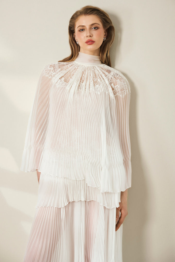 High-Neck with Lace-Panel Pleated Chiffon and Scarf Dress