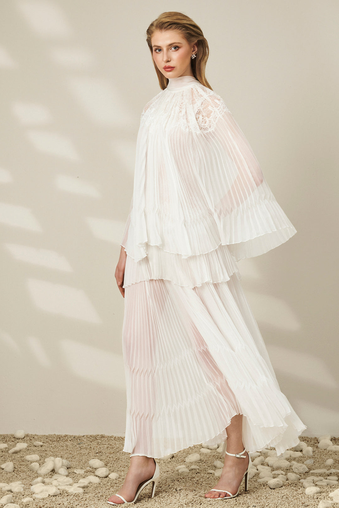 High-Neck with Lace-Panel Pleated Chiffon and Scarf Dress